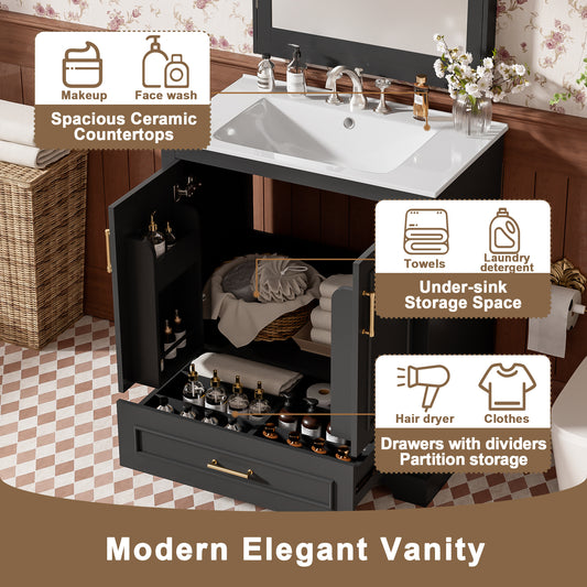 30 Bathroom Vanity With Sink, MDF And Solid Wood Frame, 1 Divider Drawer And 2 Soft-close Doors Double Shelf On Door , Freestanding Vanity