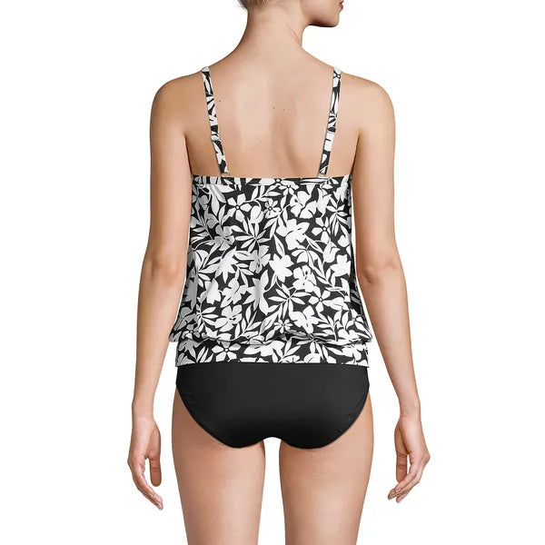 New Black And White Printed Women's Split Type Tankini Set With Conservative Style, Covering The Belly And Showing Off Thinness