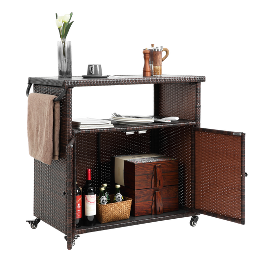 Outdoor Wicker Bar Cart, Patio Wine Serving Cart W Wheels , Rolling Rattan Beverage Bar Counter Table Plastic Wood Top For Porch Backyard Garden Poolside Party, Light Brown