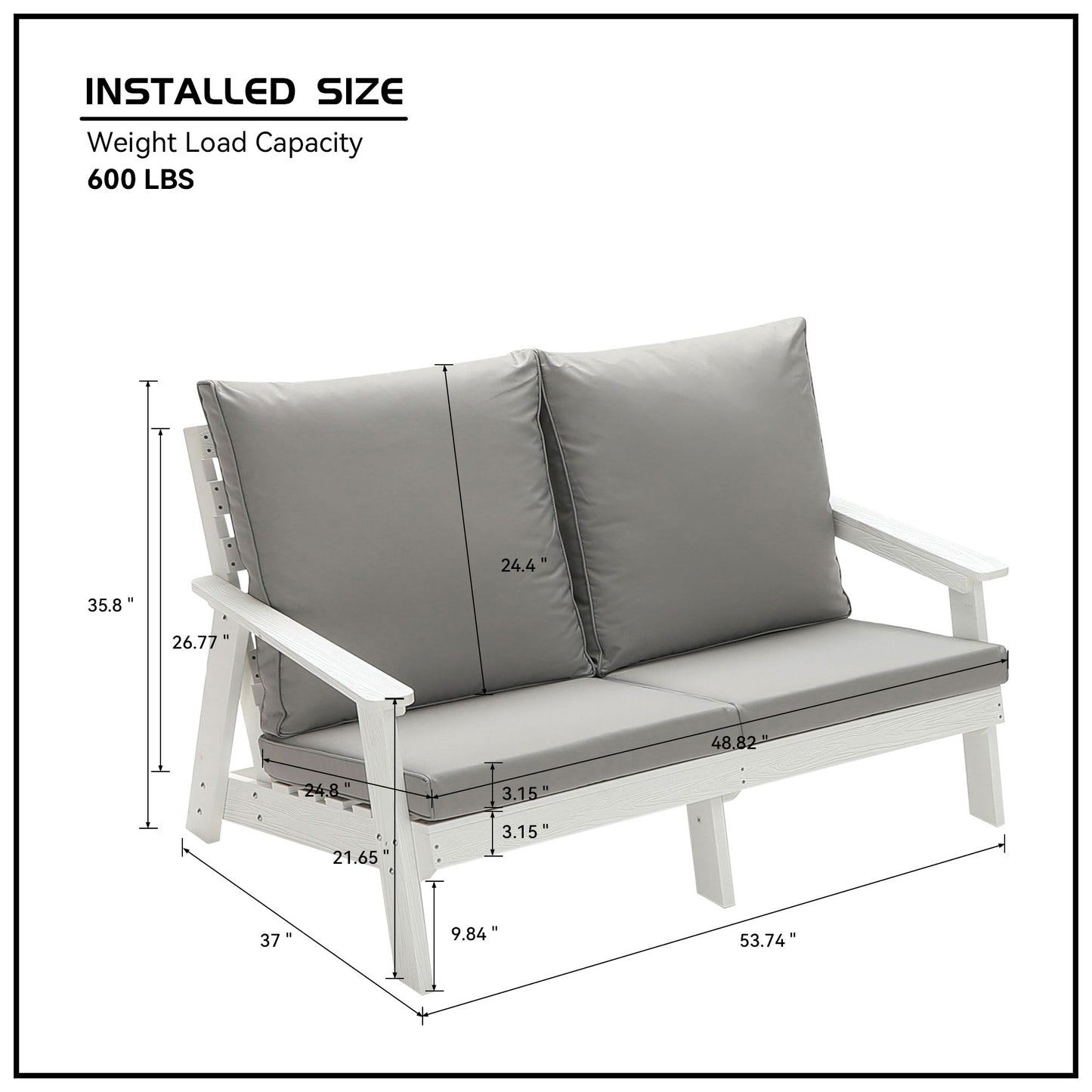 HIPS Loveseat With Cushion, Wood Grain Outdoor Garden Sofa,White Grey