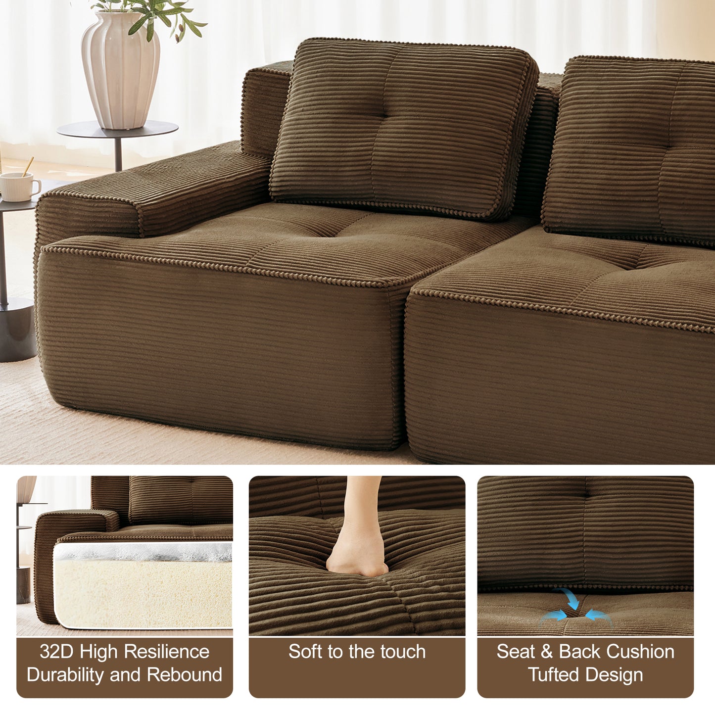 117 Modern Modular Sectional Sofa For Living Room, Corduroy Fabric,Oversized 3-Seater Couch With Deep Seat, Pearl-like Piping, Tufted Design,Buckle Connection,No Assembly,Anti-slip Design,Brown