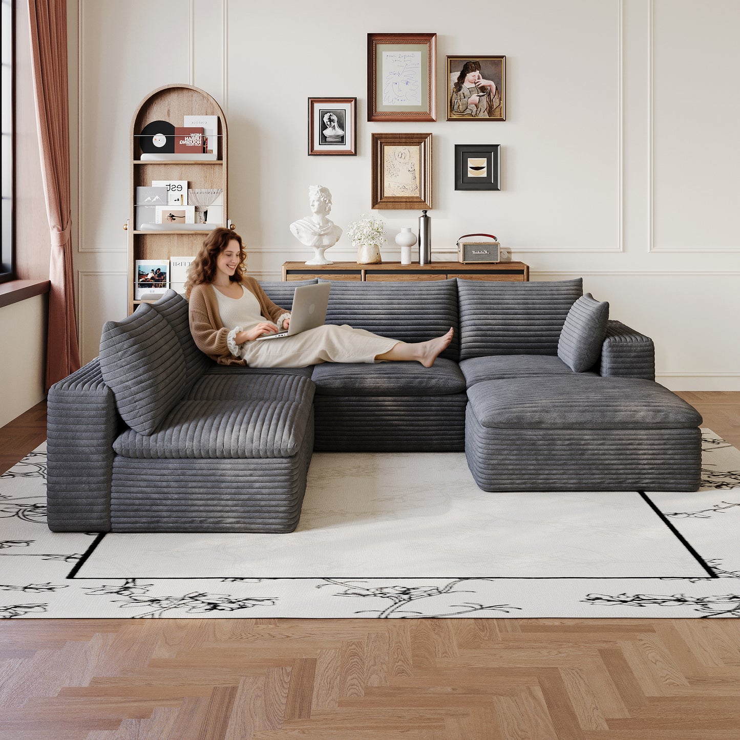 99x103 Cloud Sofa,Corduroy Fabric,Deep Seat Couches,Double-layer Design,Removable Cushion,No Assembly, DIY Combination For Living Room, Bedroom,Conference Room ,Apartment,Dark Grey