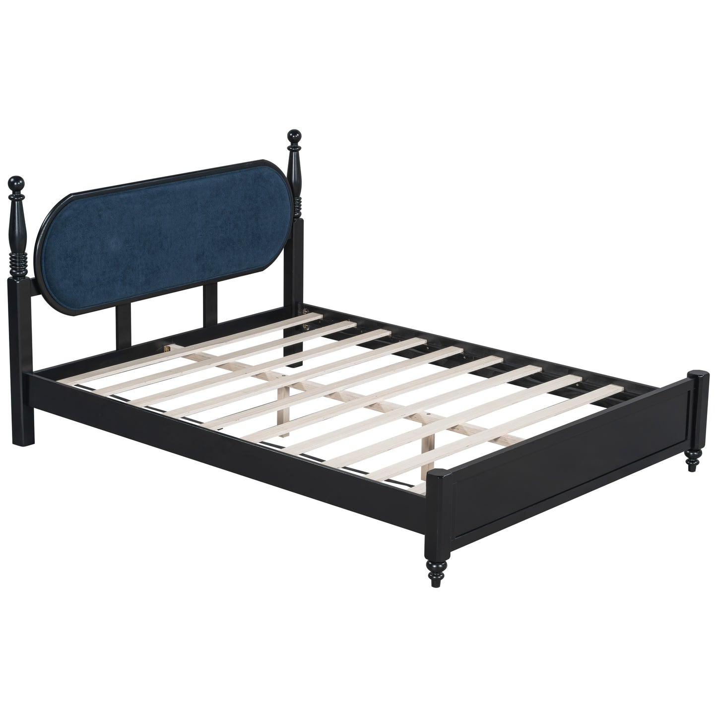 Queen Bed Frame, Solid Wood Platform With Slats, Navy Blue & Black Upholstered Headboard, Modern No Box Spring Needed