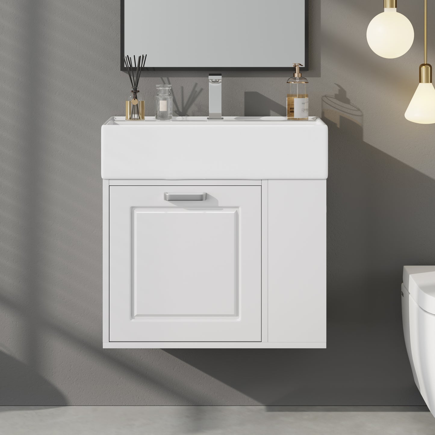 21.8 Inch Bathroom Vanity With Sink, Wall Mounted Floating Cabinet, One Big Drawer, Adjustable Shelf, Toilet Paper Holder, Soft-Close System, White