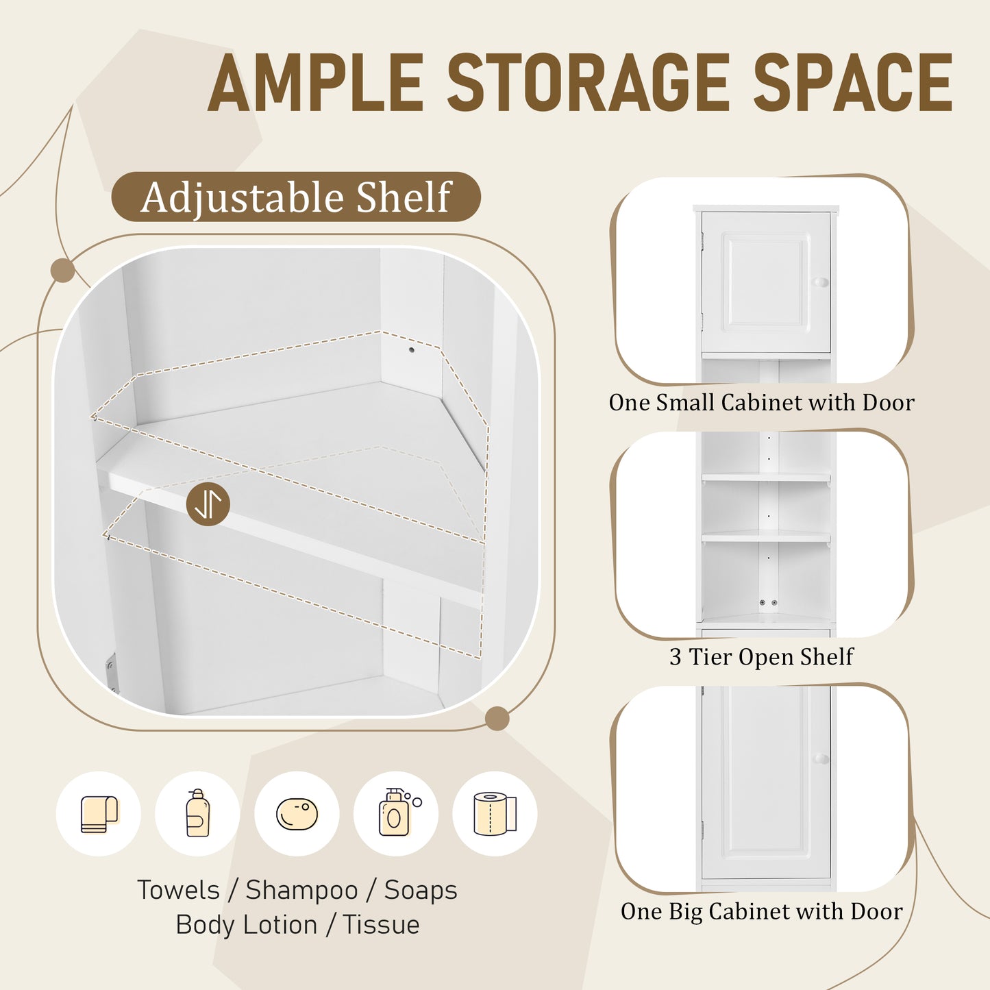 Multi-Functional Corner Cabinet Tall Bathroom Storage Cabinet With Two Doors And Adjustable Shelves, Open Shelf, White Old