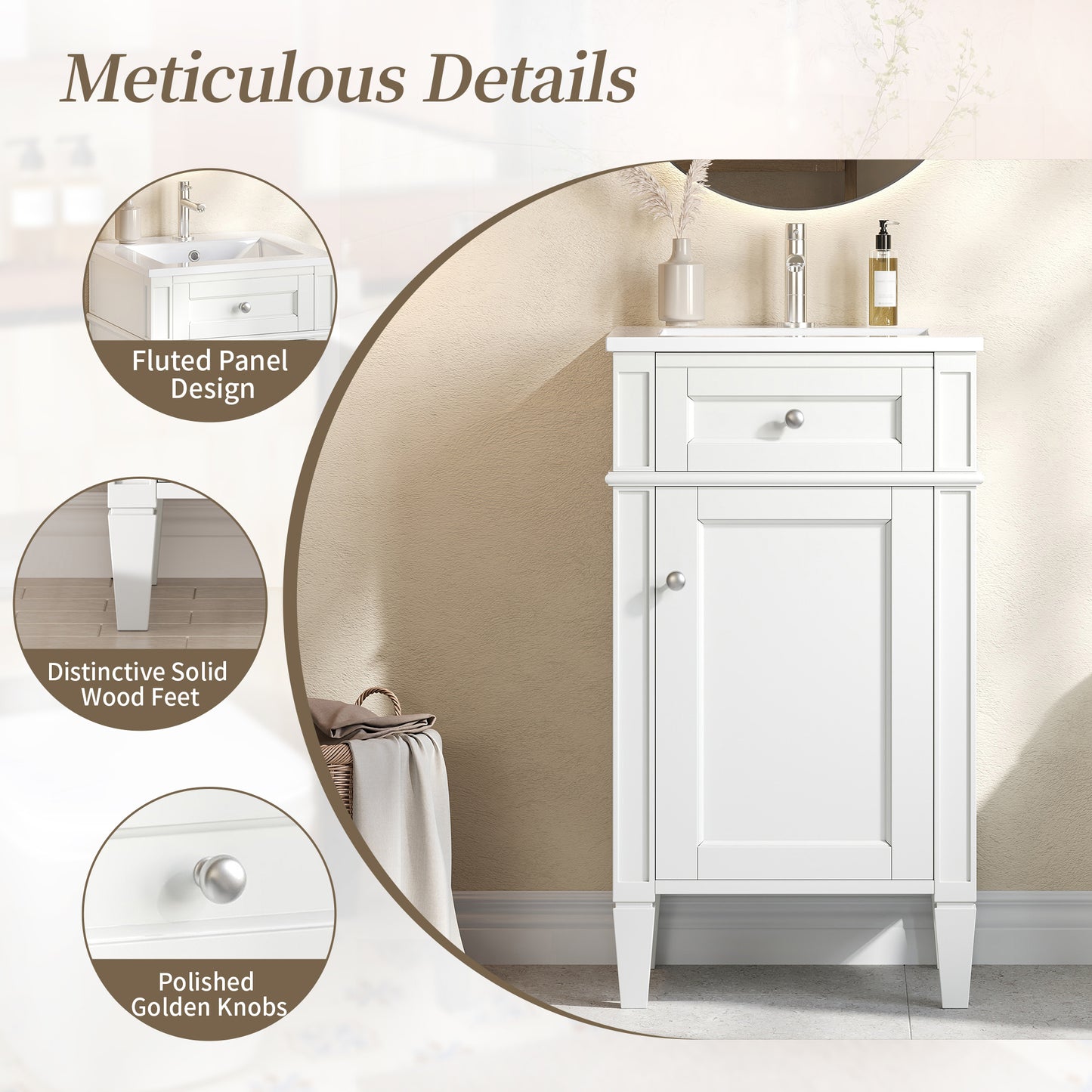 18-inch Bathroom Vanity With Ceramic Sink, Freestanding Single Vanity Set With Soft Closing Door, Adjustable Shelf, French Style, Solid Feet, White