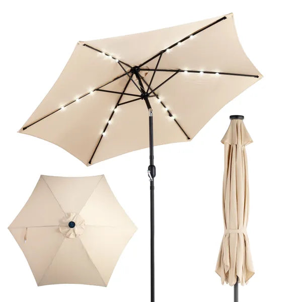 9ft Solar Patio Umbrella With LED Lights, Outdoor Market Table Umbrella With Push Button Tilt & Crank, 6 Ribs Waterproof Polyester Deck Umbrella For Garden, Backyard, Pool, Beige