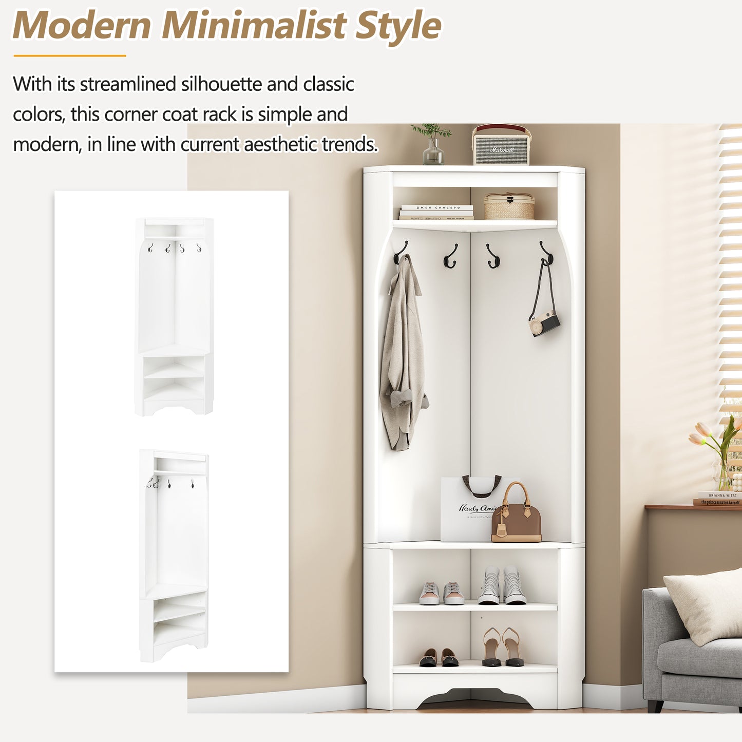 Minimalist Corner Hall Tree With Shoe Bench, Versatile Entryway Coat Rack With 4 Hooks, Corner Cabinet With Adjustable Shelf For Hallway, Living Room, White, 29.5'Wx71.6H