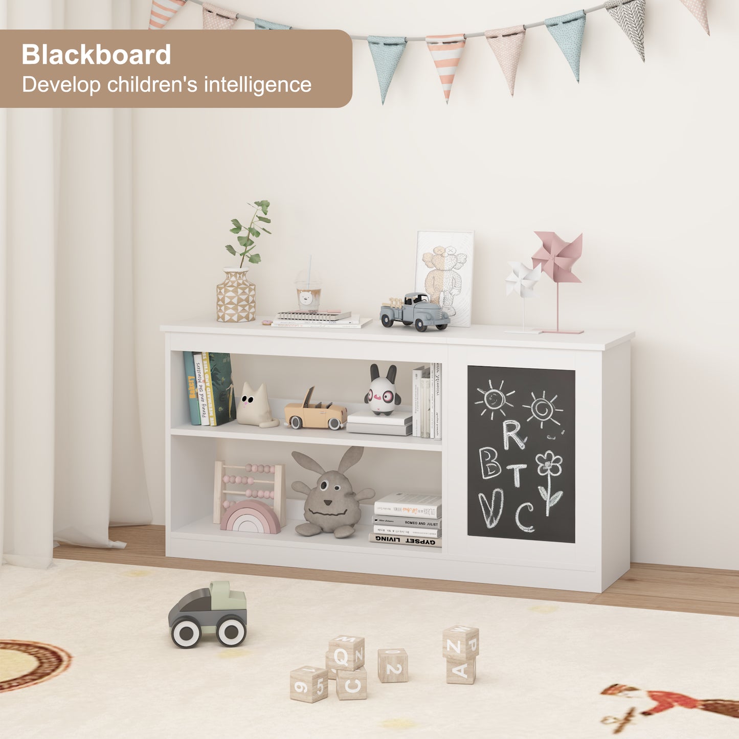 3-in-1 Kids Bookshelf And Toy Storage Cabinet With Chalkboard Modern White Organizer For Playroom