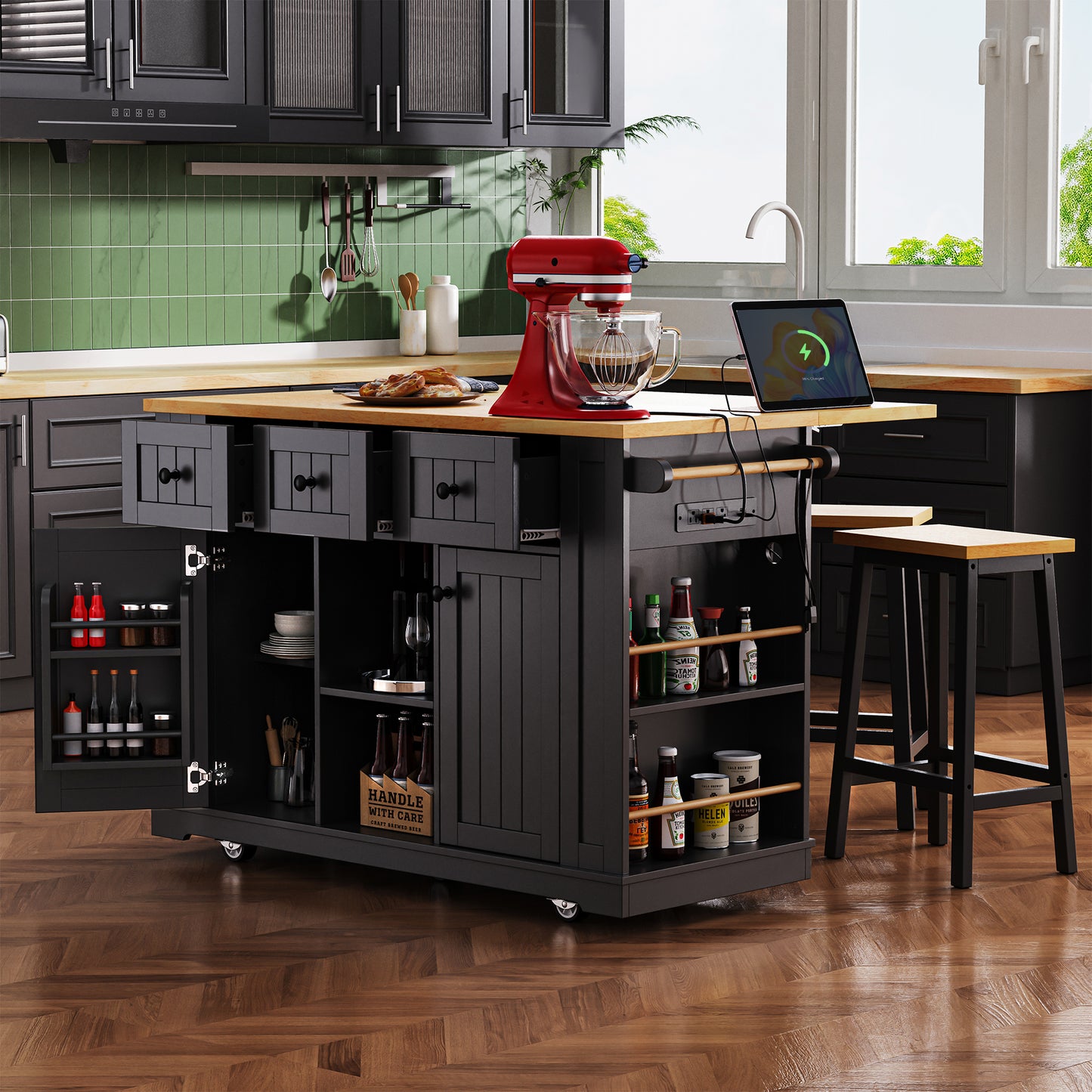 K&K 53inch Large Kitchen Island With Drop Leaf,Power Outlet,Door Internal Storage Rack,Rolling Kitchen Cart On 5 Wheels With 5 Open Side Racks For Kitchen,Black Two Packages Stools Not Included