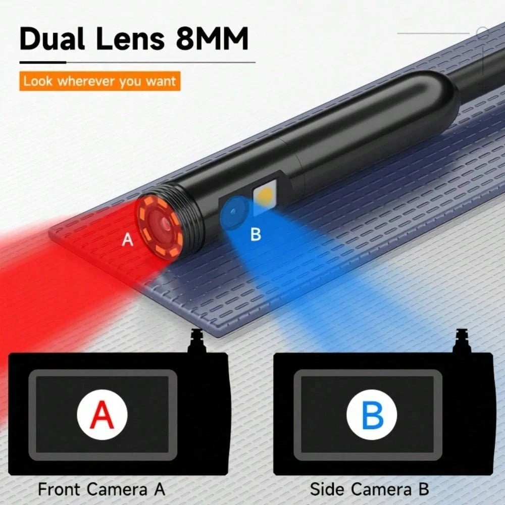 4.3 Inch Dual Lenses Endoscope Camera With Light, With 32GB Memory Card- Waterproof Borescope Camera With 8 Adjustable LED Lights, LCD Screen, HD 1080P Inspection Camera, 5M Semi-Rigid Cord For Vehic