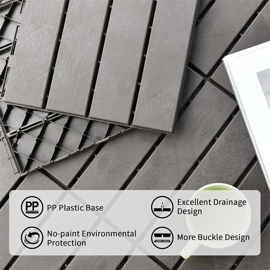 Patio Interlocking Deck Tiles, 12 X12 Square Composite Decking Tiles, Four Slat Plastic Outdoor Flooring Tile All Weather For Balcony Porch Backyard, Dark Gray, Pack Of 44