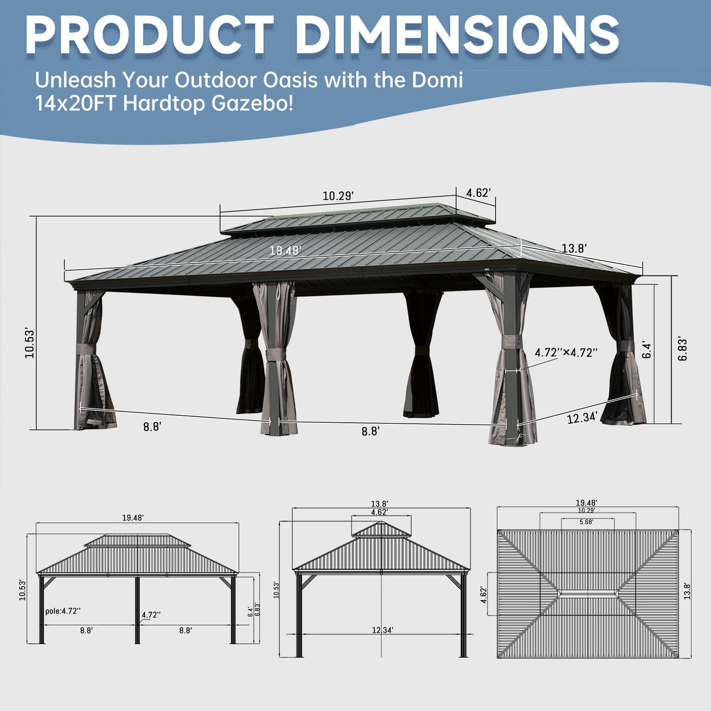 14 X 20 Hardtop Gazebo Outdoor Metal Gazebo Canopy With Galvanized Steel Double Roof, Aluminum Frame, Curtains And Netting For Patio, Deck, Garden, Grey
