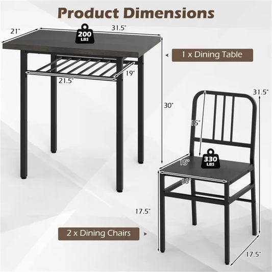 3-Piece Dining Table Set (Gray + Black), Space-Saving Tuck-under Chair Design