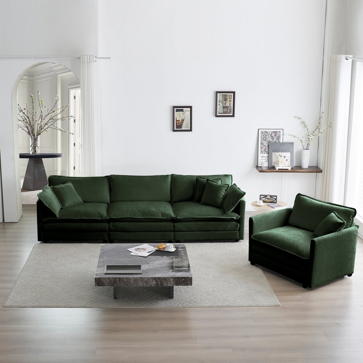 Modern Sofa Couch, 3 Piece Set Extra Deep Seat Sectional Sofa For Living Room, Oversized Sofa, 3 Seat Sofa, Loveseat And Single Sofa, Green Chenille