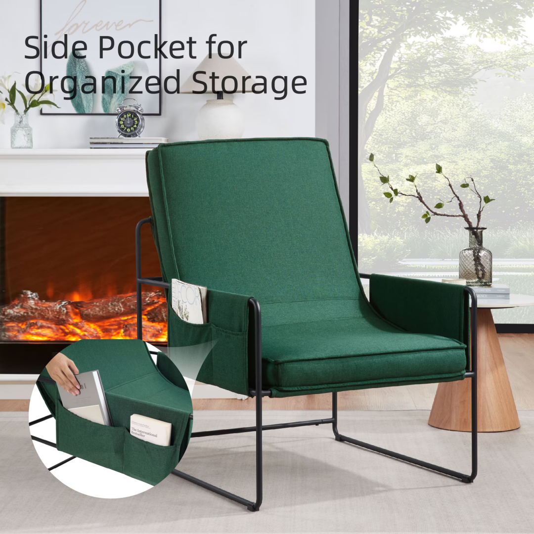 Sling Accent Chair, Comfy Chair With Removable Cushion, Vanity Chair, With Storage Bag For Living Room, Room Chair For Living Room, Bedroom, Office, Green