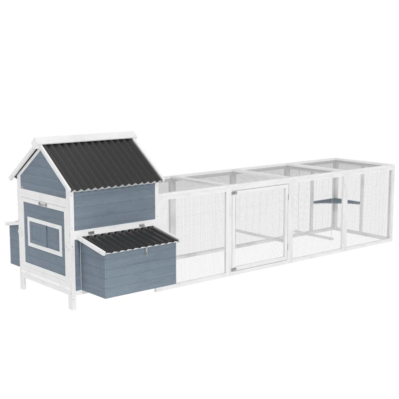 156Extra Large Wooden Chicken Coop With 2 Nesting Box, Run Cage, Waterproof Wave Roof, For 10-15 Chickens, Light Gray