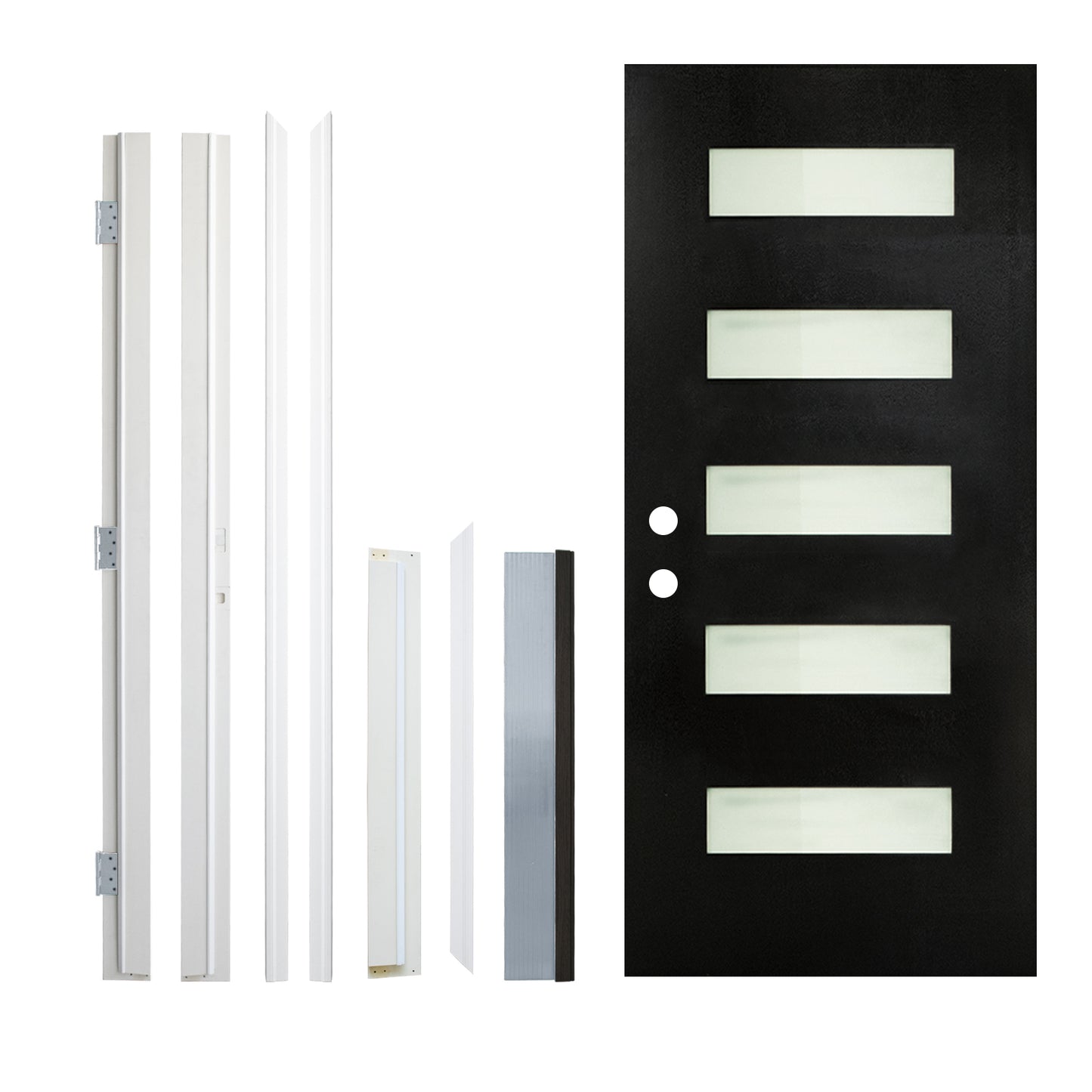 36 X 80 Fiberglass Entry Door With Brickmould, Frosted Glass, Black Finished Knock-Down Fiberglass Door - Contemporary Style For Home's Front Entrance, Right Hand Inswing With 4-9-16 White Vinyl Frame