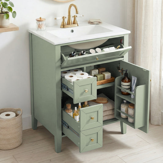 Video 24 Bathroom Vanity With Sink,Ceramic Sink,Bathroom Cabinet With 1 Tip-out Drawers And 2 Pull-out Storage Drawers, Soft-Closing Door With Storage Rack, Solid Wood Legs, One Package,Light Green