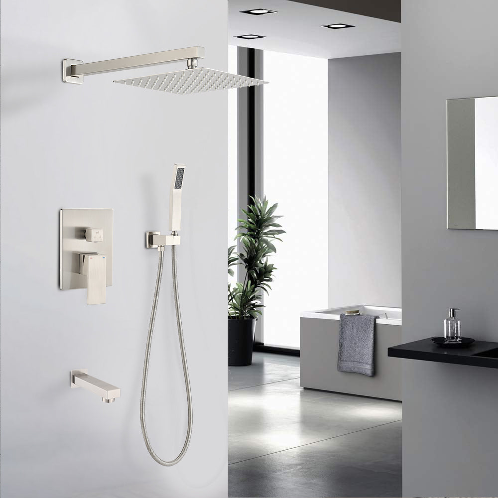 Brushed Nickel Shower System 10 Inch Brass Bathroom Deluxe Rain Mixed Shower Combination Set Wall Mounted Rain Shower Head System Shower Faucet