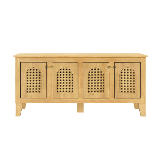 Lars Indoor Rattan Decorated Rubber Wood Dog Crate Cabinet -Stylish Pet Kennel With Storage & 4 Doors For Living Room