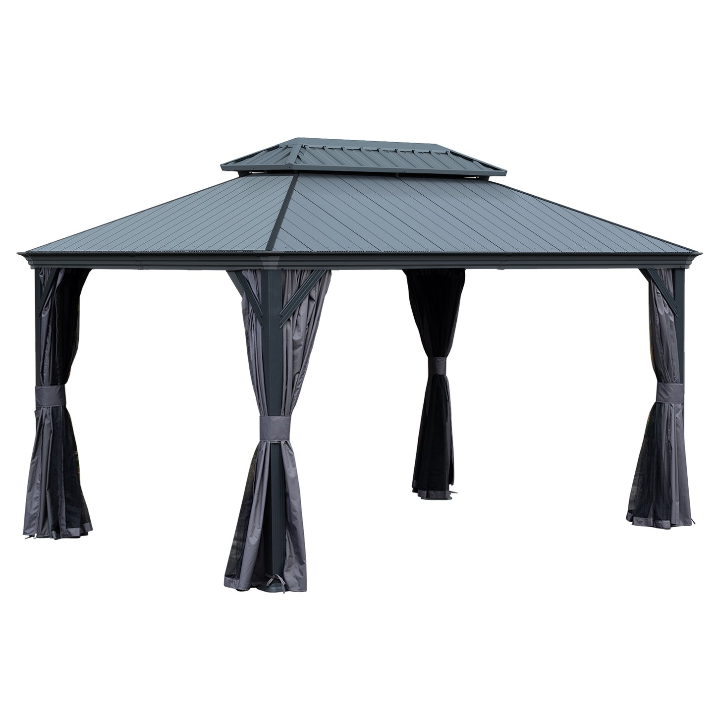 10 X14 Hardtop Gazebo With Resin Roof, Outdoor Metal Gazebo With Drainage Gutters, Permanent Heavy Duty Pavilion For Patio, Backyard And Deck, Curtains And Mosquito Netting Included