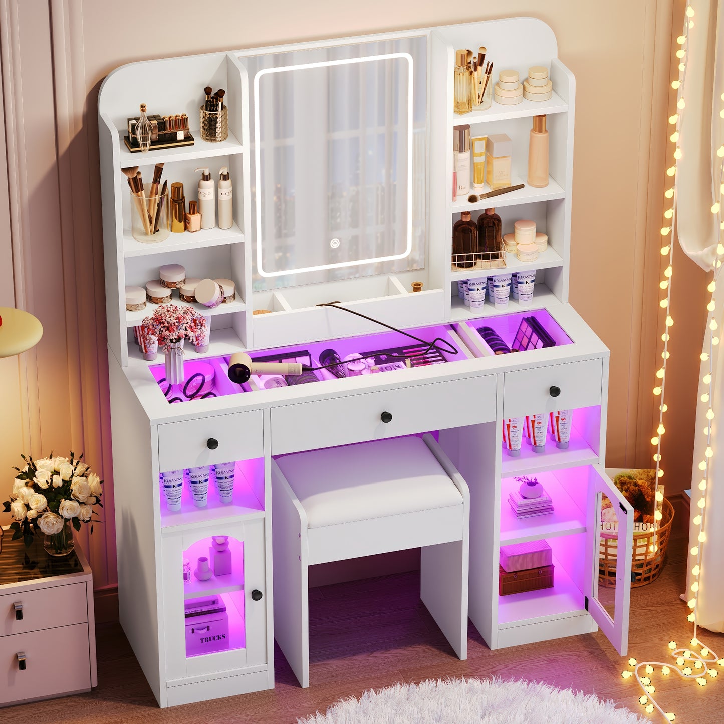 43.2 Vanity Desk With LED Mirror And Lights, Glass Top Vanity With RGB Glass Light Cabinets, Dressing Table With 3 Drawers ,Storage Shelves And Stool For Bedroom, White