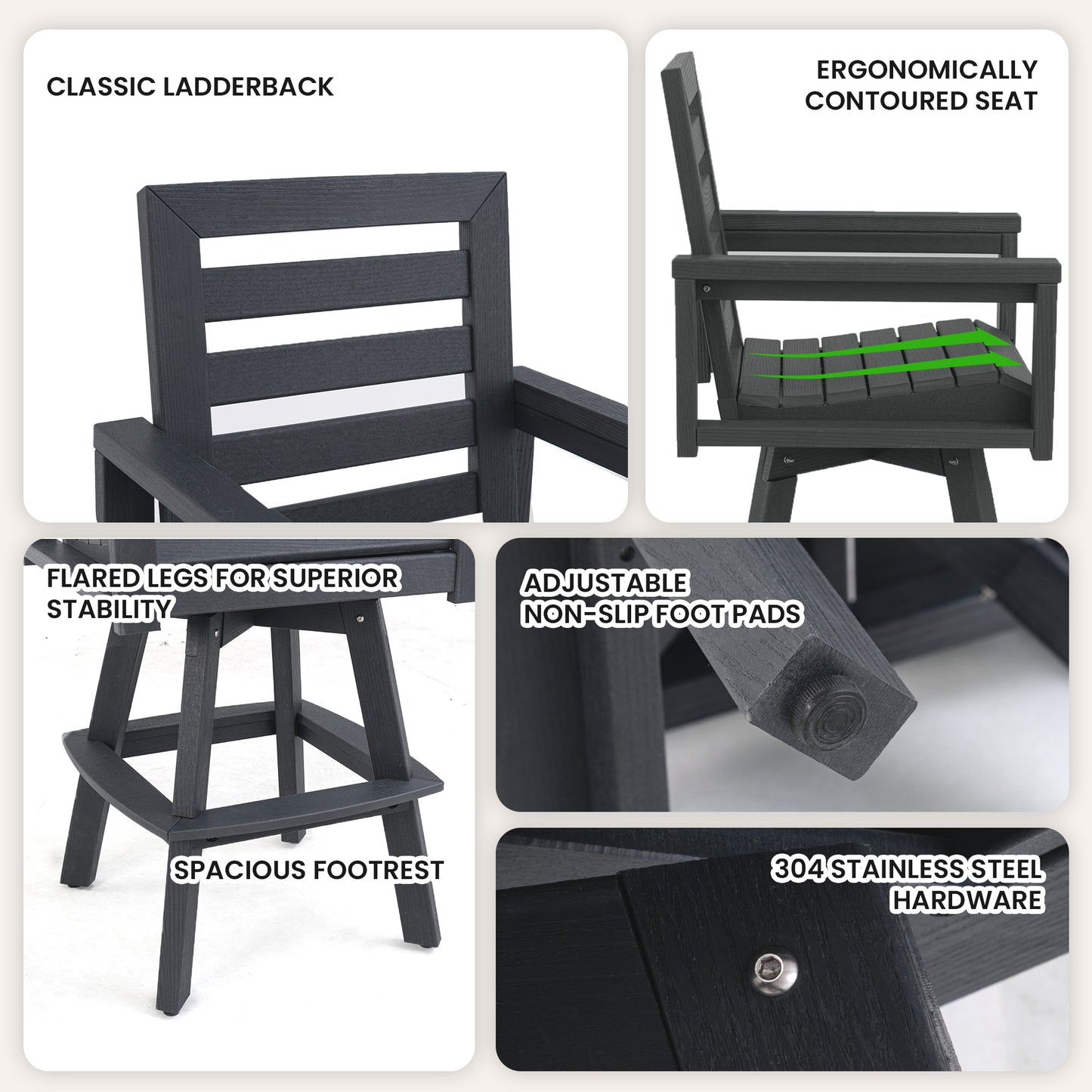 Outdoor Swivel Bar Stools, Slate Grey HDPE High-Density Polyethylene Patio Bar Chair With 360 Swivel & Ladderback, All-Weather Bar Height Stool For Deck, Porch, Poolside, Hot-Embossed Wood Grain