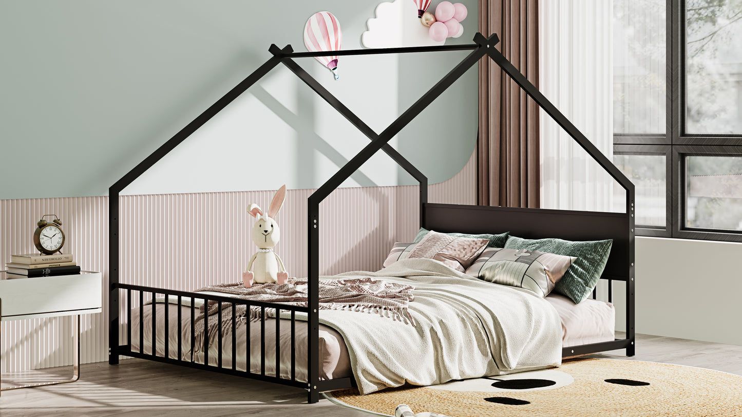 Full Size House Bed With Roof And Colorful Lights, Metal Bed Frame With Slats And Legs, House Bed For Boy, Girls And Young Teens, No Box Spring Needed,Black.