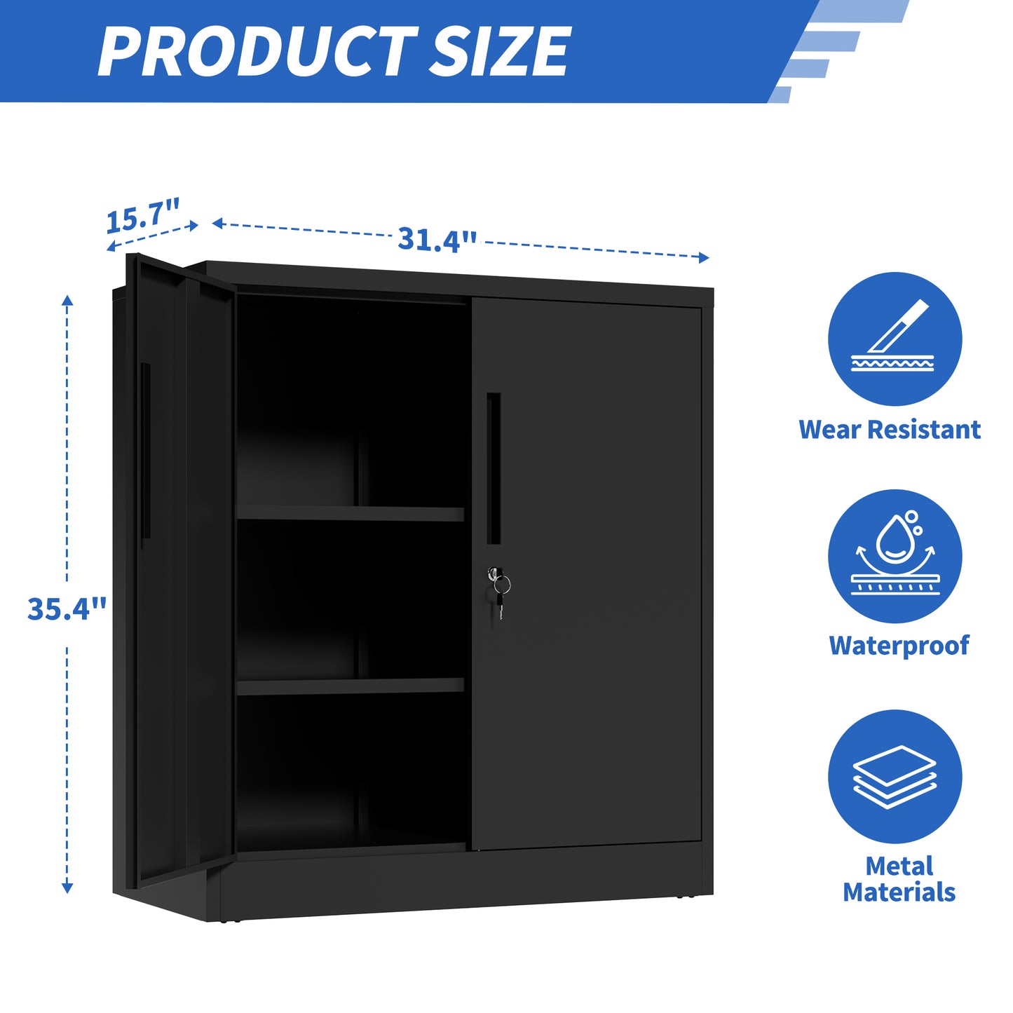 Metal Storage Cabinet With Lock, 2-Door Garage Storage Cabinet With 2 Adjustable Shelves, Heavy Duty Steel File Cabinet For Home, Office, Garage, School Black, 35.4 H