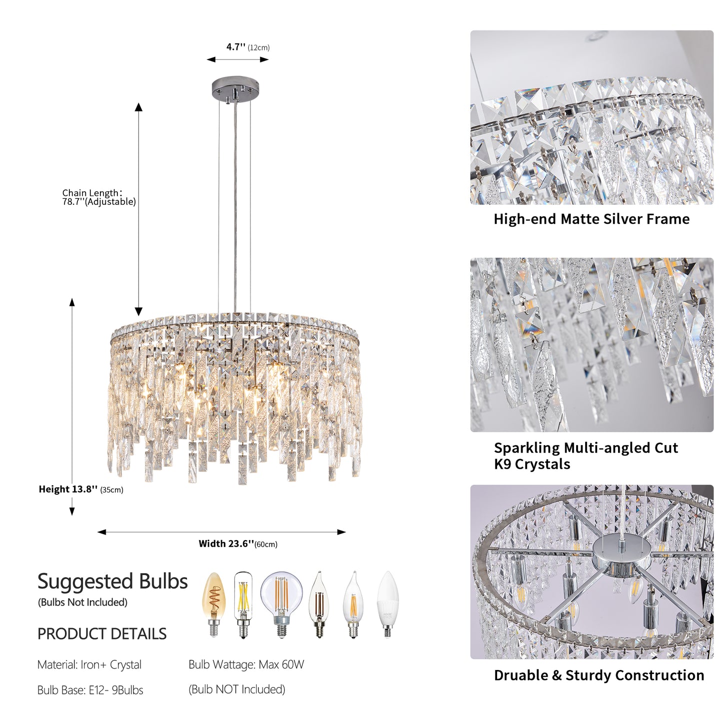 L5024-600-C 24 Luxurious Round Silver Crystal Chandelier, Contemporary Rectangular Pendant Light For Dining Room, Living Room, And Grand Foyers Bulbs Not Included