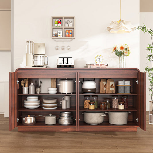Walnut 4-Door Fluted TV Stand With Power Outlet, Handleless Wave Design Entertainment Center, Adjustable 3-Tier Particle Board Storage Cabinet, Multi-Functional Media Console & Buffet Sideboard