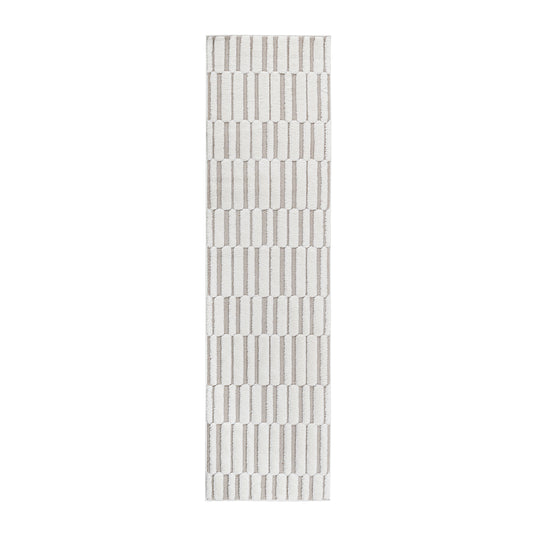 Step Collection High-Low Striped Beige Cream Indoor Runner Rug, 2'2''x8', Modern, Contemporary, Geometric, Bohemian, Bedroom, Kitchen, Living Room, Hallway, Non Shedding Carpet