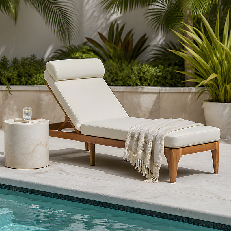 TOPMAX Acacia Wood Chaise Lounge, Outdoor Sun Lounge Chair, Patio Recliner With Adjustable Backrest And Head Pillow For Poolside, Backyard, Garden, Indoor&Outdoor, Set Of 2, Beige