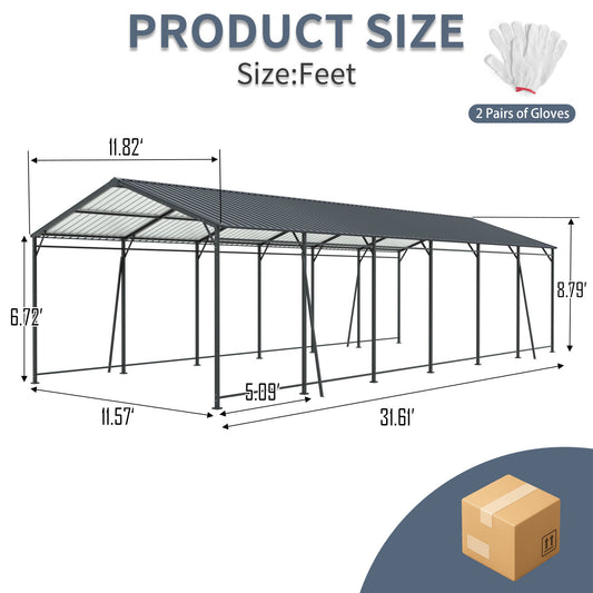 12x32 FT Carport, Heavy Duty Carport With Galvanized Steel Roof And Frame, Metal Carport Large Garage With 4 Fixed Inclined Square Tube Supports