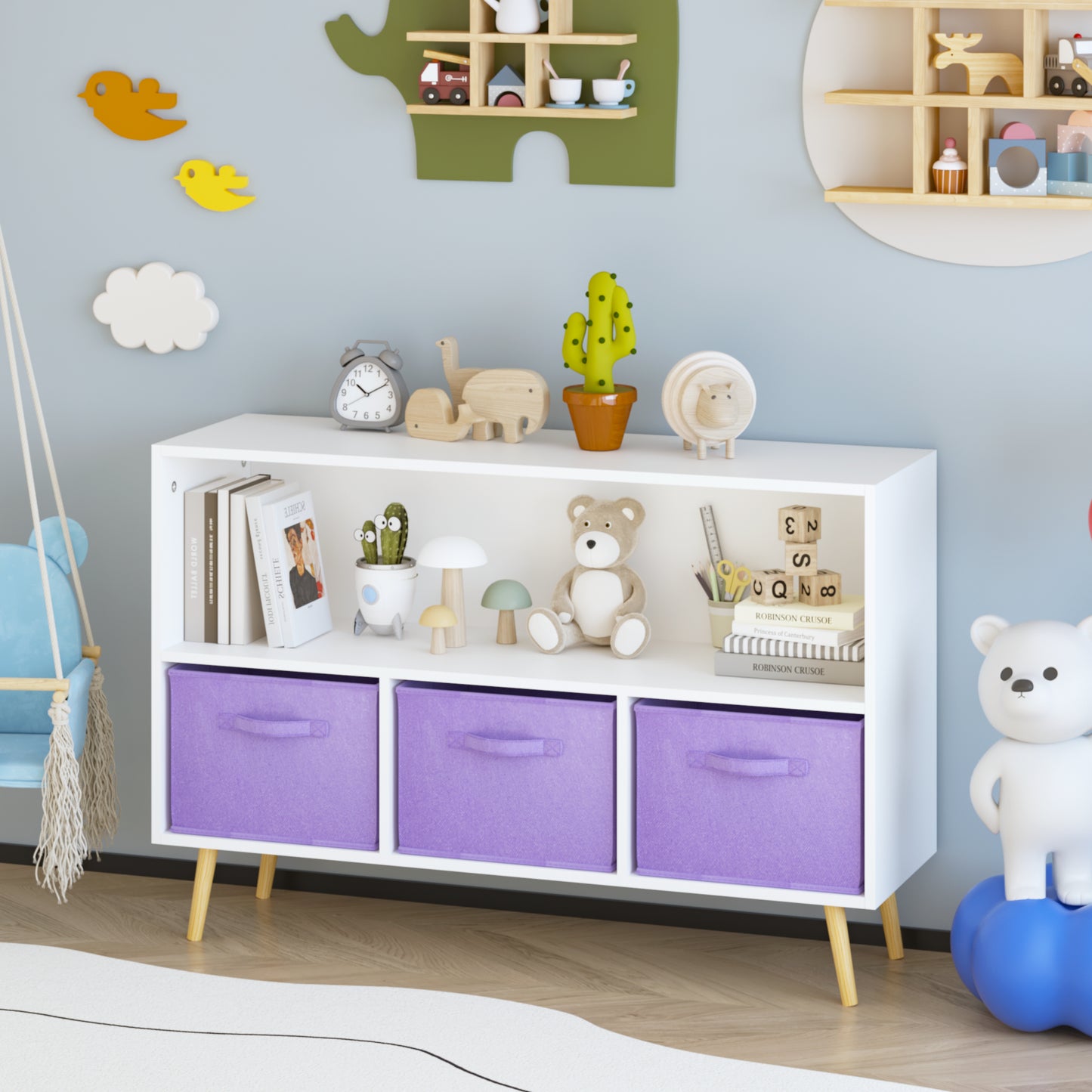 Kids Bookcase With Collapsible Fabric Drawers, Children's Book Display, Toy Storage Cabinet Organizer, White Purple