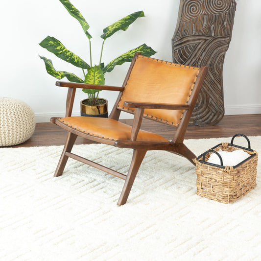 Daniel Mid-Century Modern Leather Arm Chair With Walnut-Finished Legs, Tan, Genuine Leather, 25 H X 26 W X 28 D For Living Room Bedroom Waiting Room