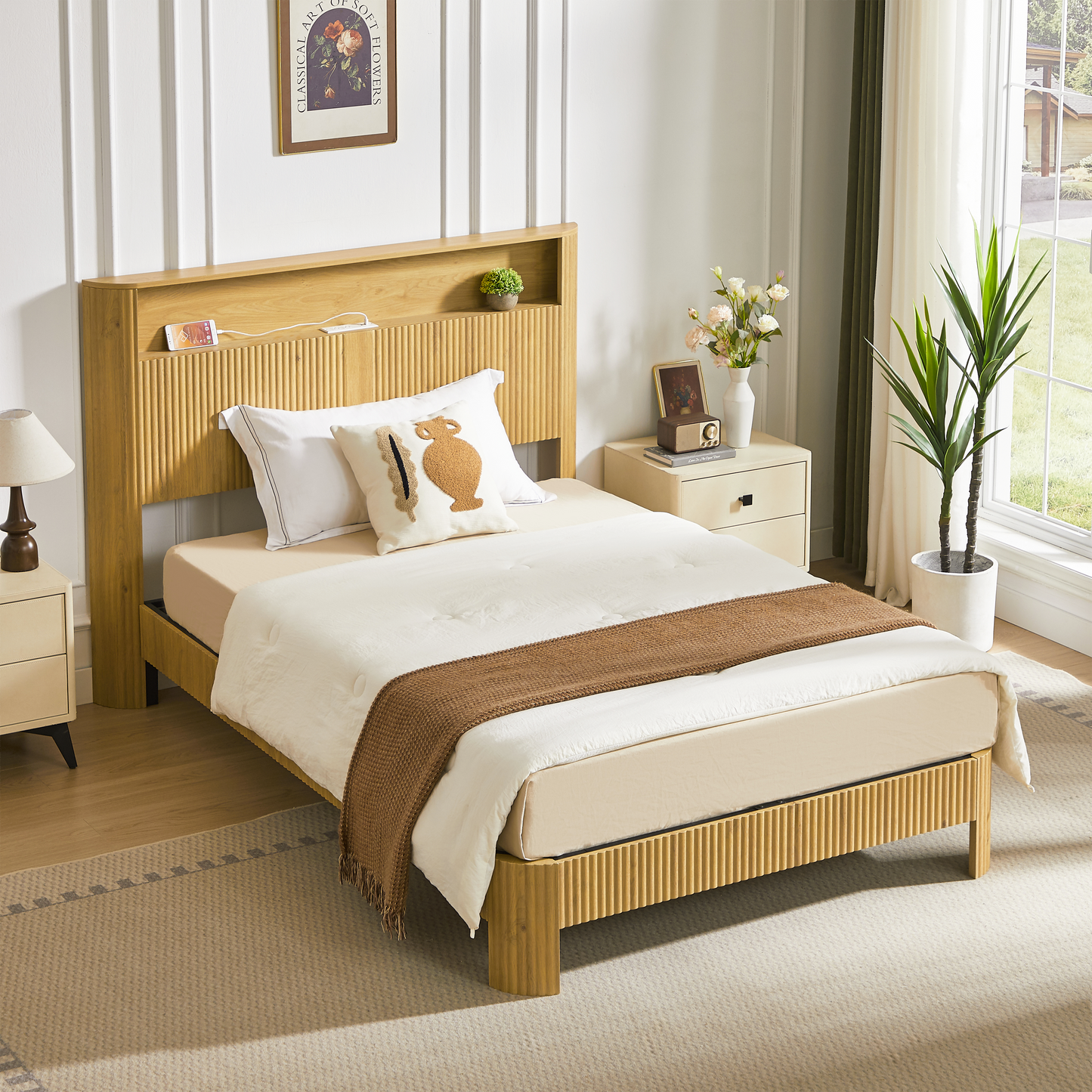 Full Extra Long Full XL Size Bed Frame With Storage Headboard, Built-in Charging Station, Wavy Curved Lines Design, Silent Operation, Metal Support, Natural