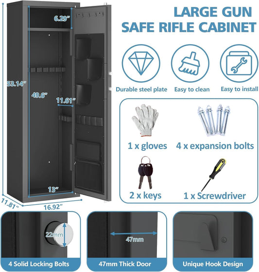12-15 Gun Safe For Rifles And Pistols, Large Gun Cabinet With Digital Keypad Lock, Anti-Pry Steel Security Safe, Adjustable Shelves & Pistol Holster For Home Defense & Hunting Storage