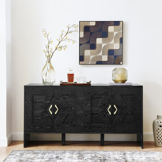 60 Mid Century Modern Sideboard Buffet Cabinet With Storage, TV Media Console, Storage Cabinet With Geometric Pattern & Adjustable Shelves For Kitchen Dining Living Room Entryway Hallway, Black