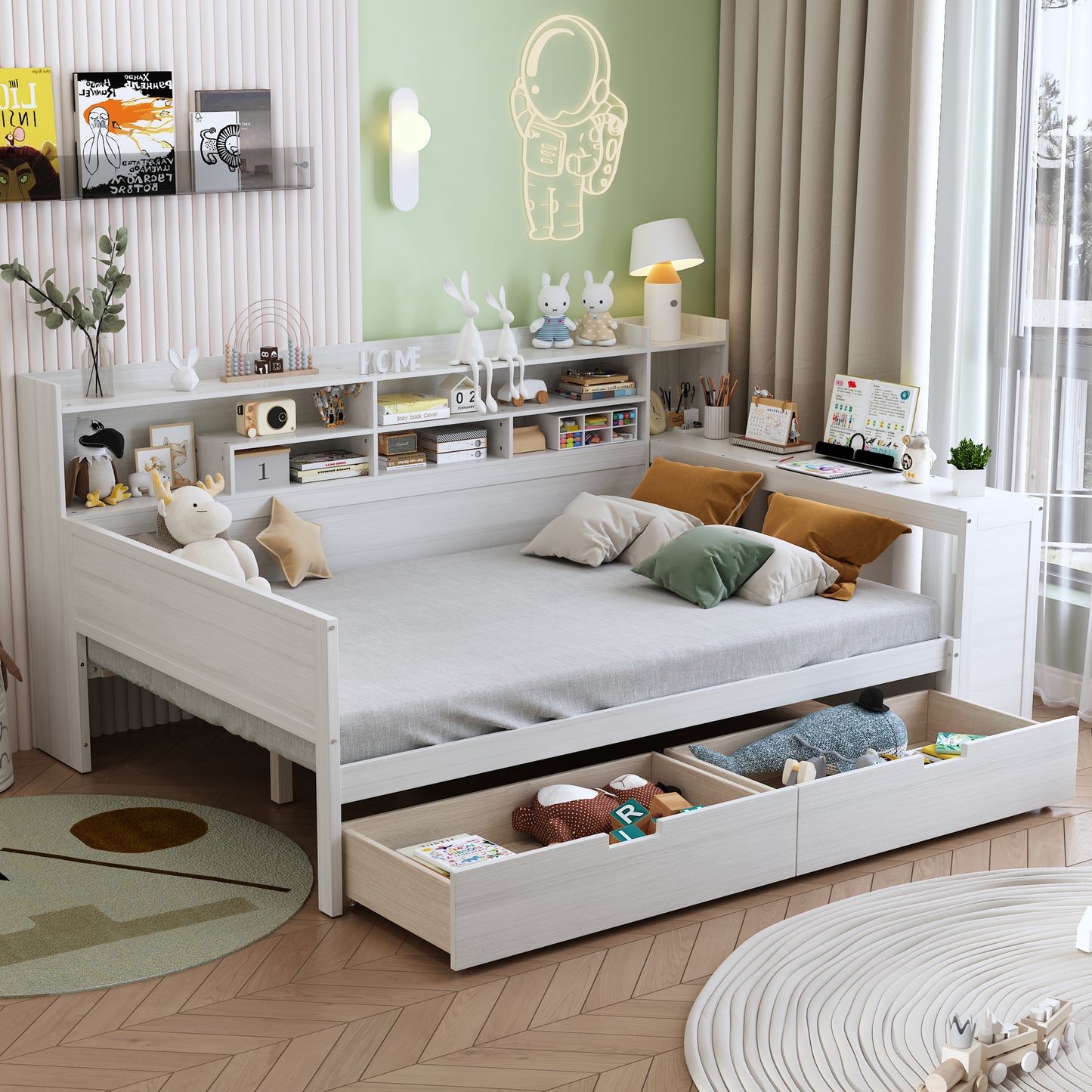 Wooden Full Size Daybed With Storage Shelves, Multi-functional Bed With Two Storage Drawers And Study Desk, Antique White Old SKU N733S241486K