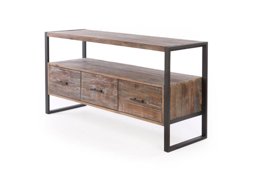 60 Inch Reclaimed Wood Media TV Console Table With 3 Drarwer, Open Shelf, Antique Finish