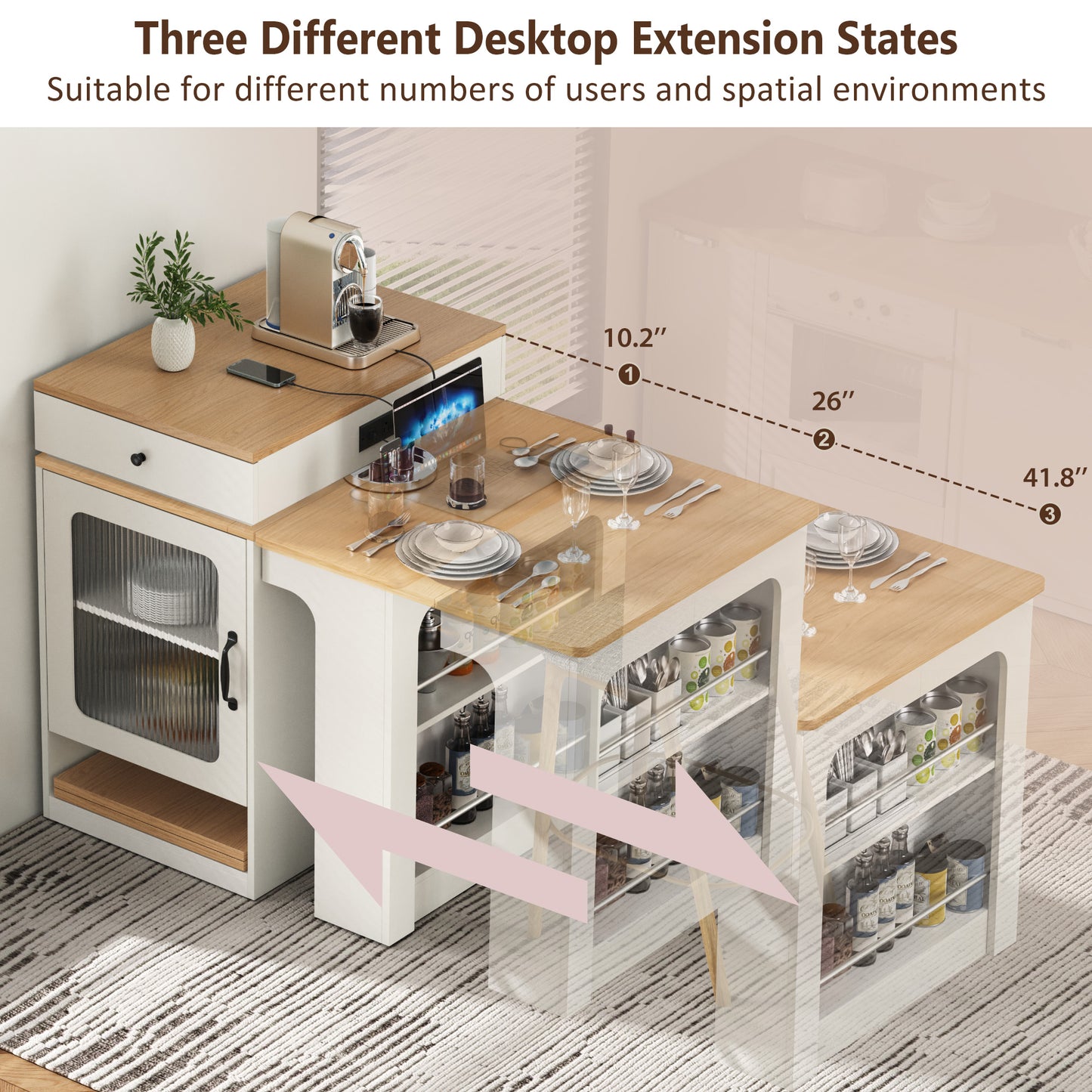 K&K 59.5 Kitchen Island With Extendable Dining Table, Kitchen Storage Table With Double-sided Storage, Kitchen Island With 2 Drawers, Power Outlet, Side Open Shelves, For Kitchen, Dining Room, White
