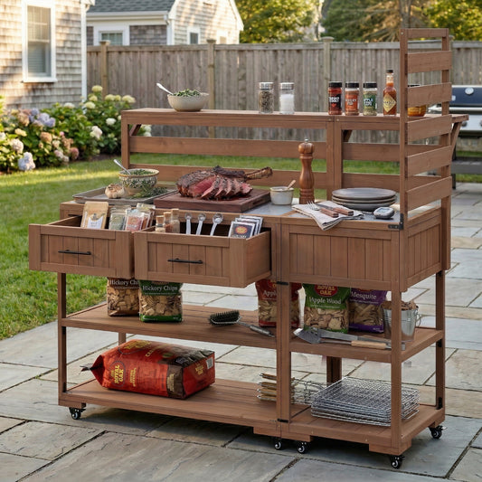 With Assembly Video TOPMAx 62.3 Patio Kitchen Island Solid Wood Kitchen Cart With Stainless Table Top Garden Potting Bench With Raised Shelf And Drawers Grill Prep Table For BBQ Party Brown