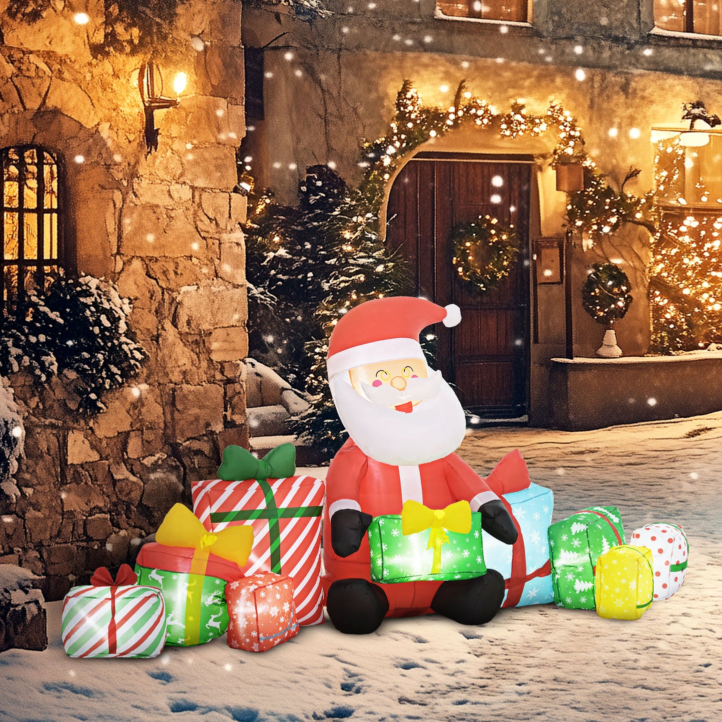 4.4' Inflatable Santa Claus And Gift Boxes W/ White LED Lights, Blow-Up Outdoor Display For Party