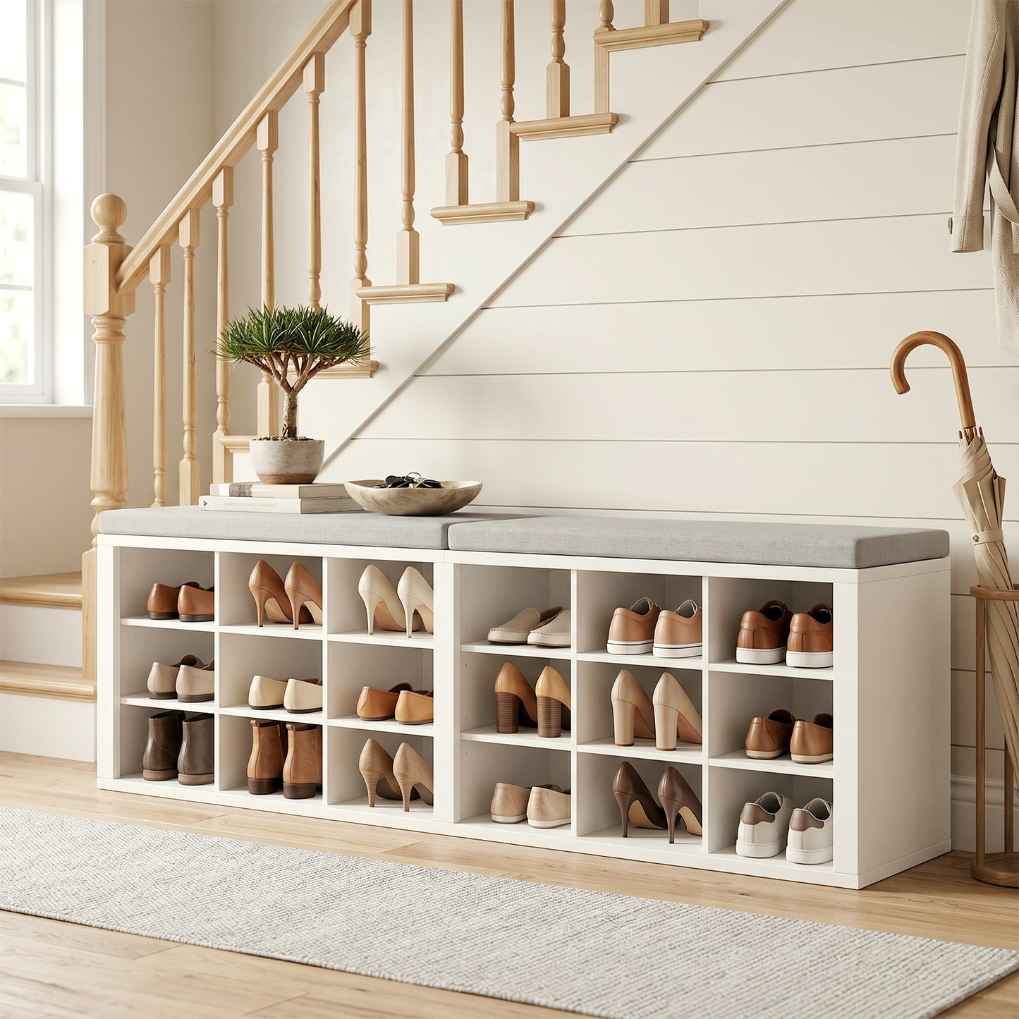 Shoe Storage Bench Minimalist Wood Strong Load Bearing Entryway Bench With Cushion 18 Compartments For Hallway Living Room Bedroom