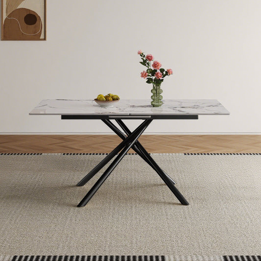 59-inch Modern Rectangle Expandable Dining Table With Retractable Leaf Sintered Stone Top & Black Carbon Steel X-Base Sturdy 4-6 Person Table For Small Apartments Kitchen Dining Room