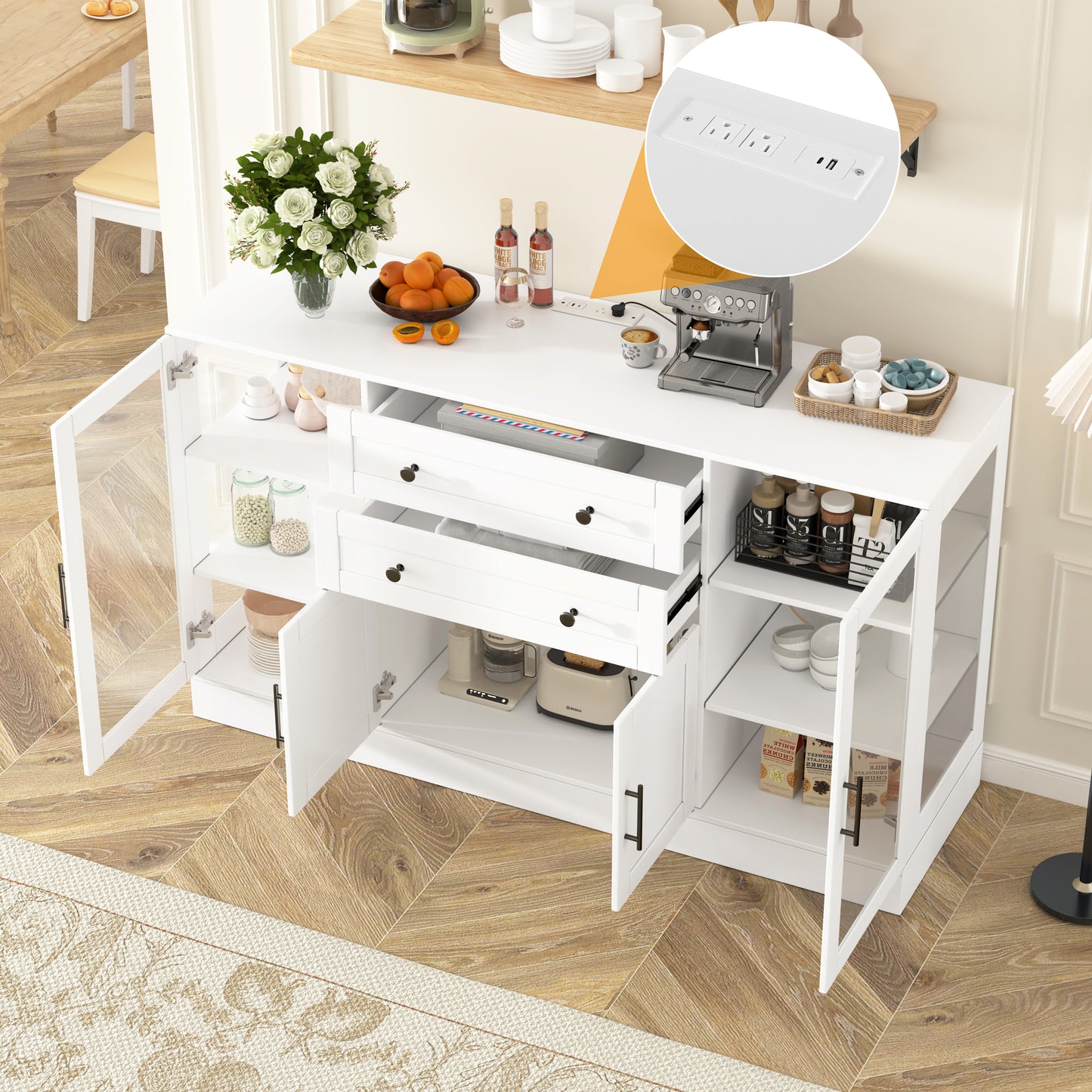 U- Style 58.3 Modern Buffet Sideboard With 4 Doors & 2 Drawers Adjustable Shelves Power Outlet Acrylic Panels Aluminum Alloy Handles Storage Cabinet For Dining Room Living Room And Kitchen