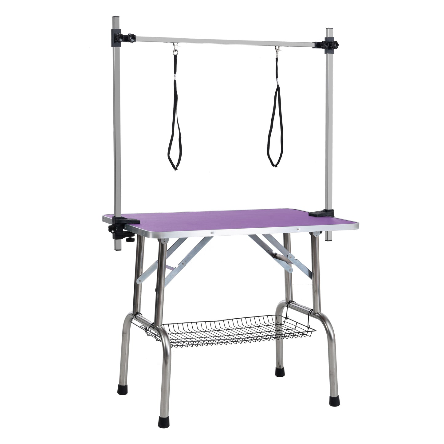 42 Folding Dog Pet Grooming Table Stainless Steel Frame Rubber Mat On Board With Adjustable Arm And Clamps Pet Dog Cat Grooming Table PURPLE COLOR