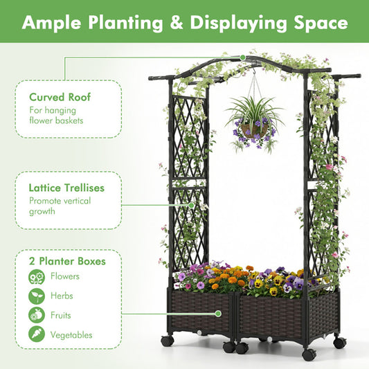 5 FT Self-Watering Planter Boxes With Lattice Trellis And Roof For Outdoor Application, Such As Balcony, Deck, Patio, And Garden